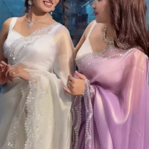 Pink AND WHITE Saree Organza Embellished Rhinestone V Neck With Blouse