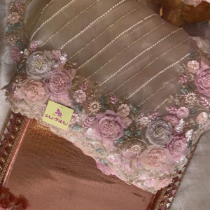 Elegant Embroidered Saree with Floral Motifs and Pearl Accents