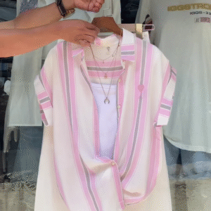 Pink & White Striped Shirt with Layered Tank Top – Casual Chic Outfit for Women