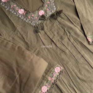 Green Pleated Kurta with Pink Floral Embroidery – Festive Ethnicwear for Women