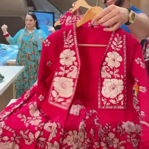 Bright Red Traditional Lehenga-Style Dress with White Floral Embroidery and Matching Jacket