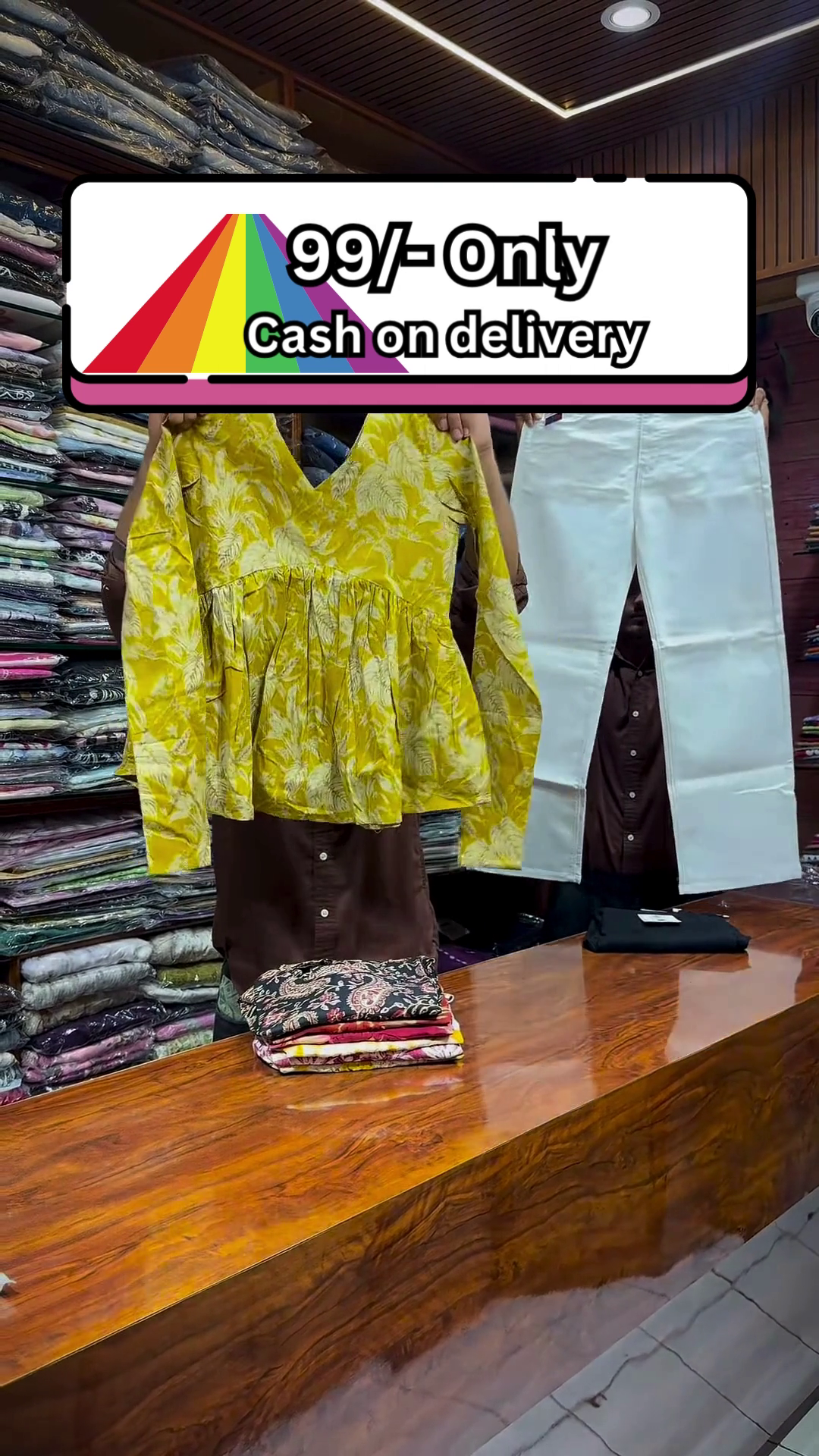 Yellow and White Floral Printed Top Paired with Black Straight-Fit Pants for Women - Image 7