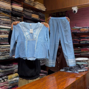 Blue Embroidered Long-Sleeve Top and Matching Pants Set with White Threadwork