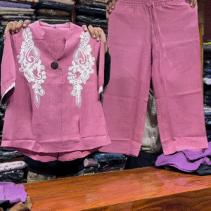 Pink Embroidered Two-Piece Set with Front Button Top and Elastic Waist Pants