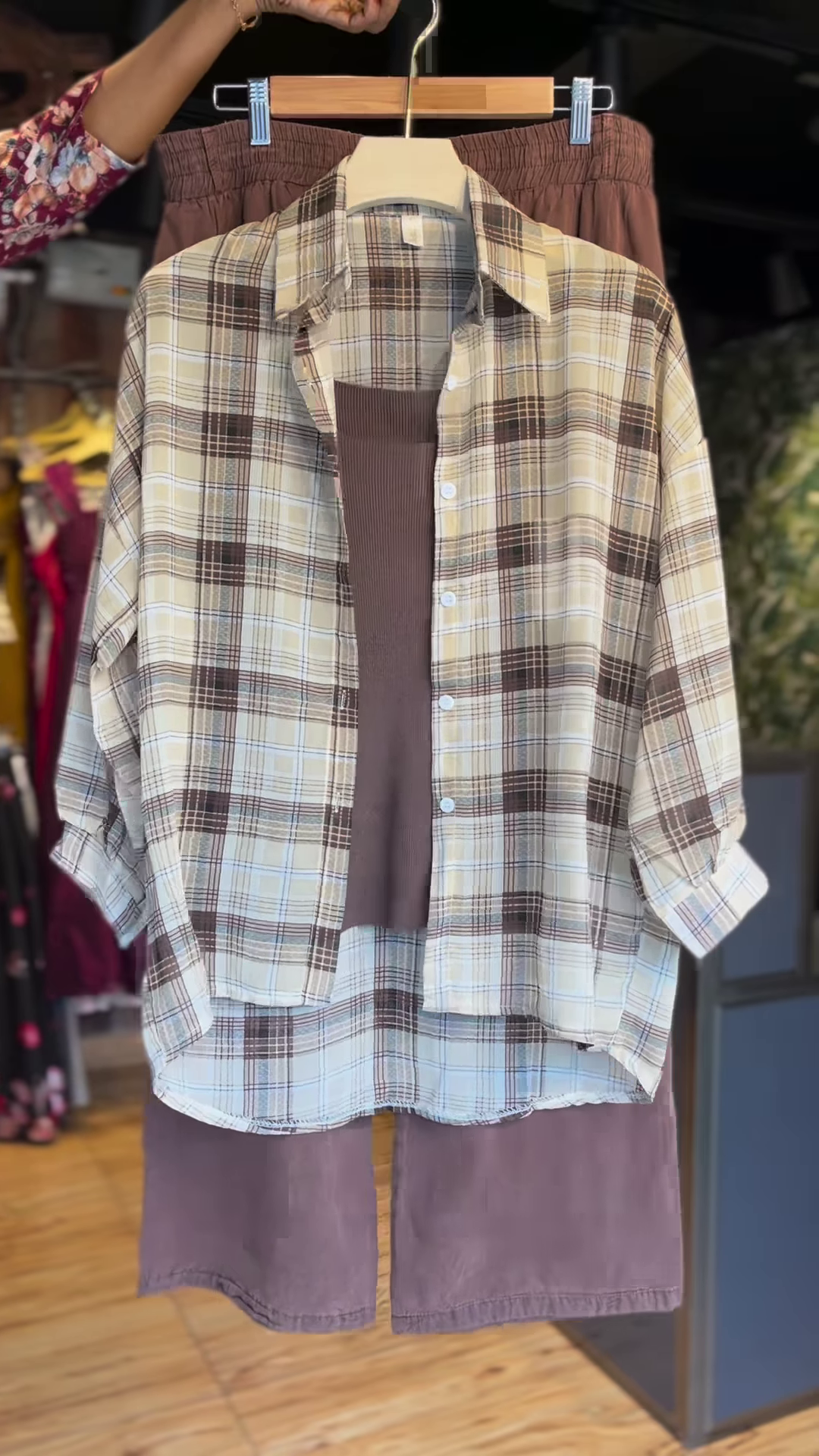 Brown Plaid Overshirt & Ribbed Tank Co-ord Set – Relaxed & Trendy