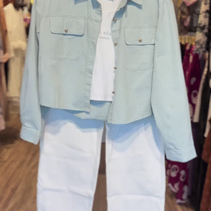 Mint Green Cropped Jacket & White Wide-Leg Pants – Minimalist Elegance with a Modern Touch