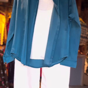 Teal Satin Shirt with White Tank Top & Wide-Leg Pants – Effortless Luxe