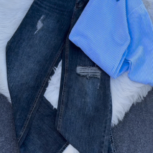 Classic Blue Striped Shirt & Distressed Black Denim – Chic Streetwear