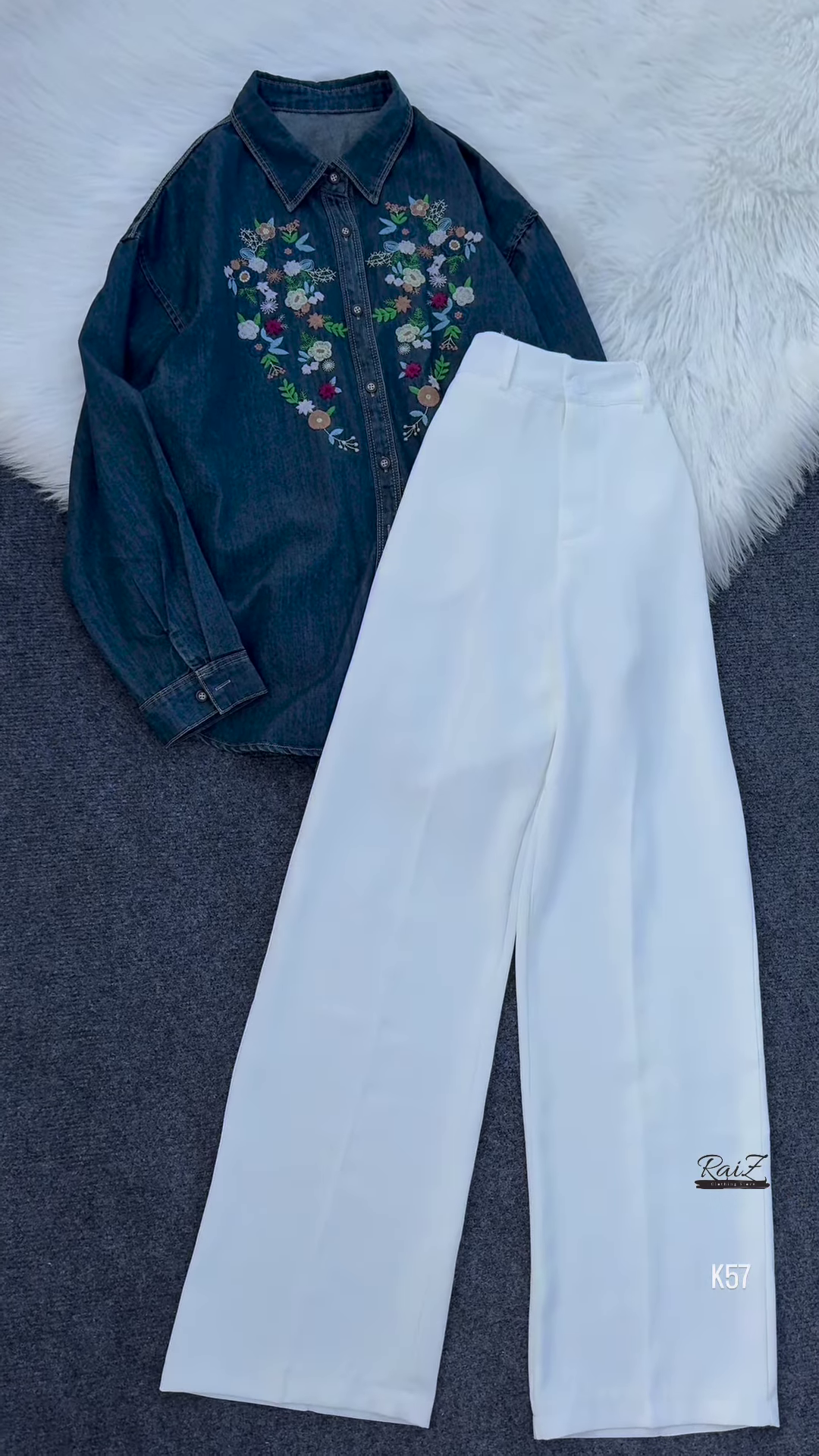 Embroidered Denim Shirt with White Wide-Leg Pants – Classic & Elegant - Image 2