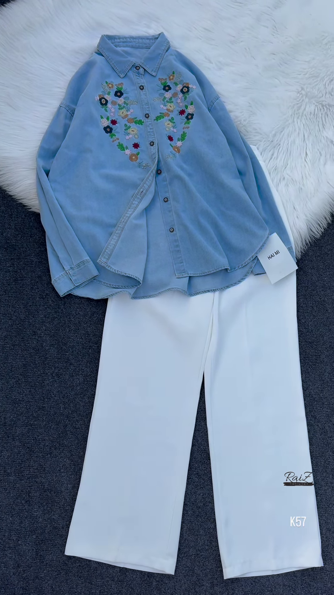 Embroidered Denim Shirt with White Wide-Leg Pants – Classic & Elegant