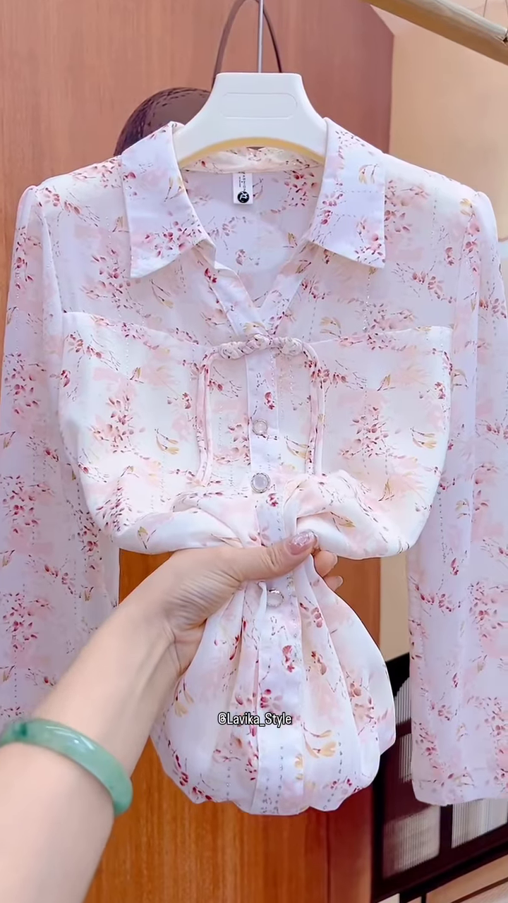 Delicate Floral Sheer Blouse with Front Tie Detail - Image 4