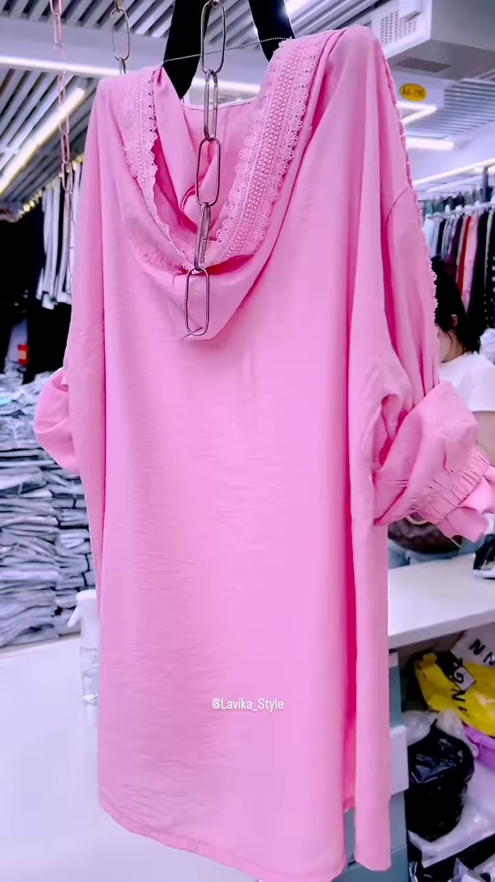 Pastel Pink Overshirt with Lace and Pearl Necklace - Image 4