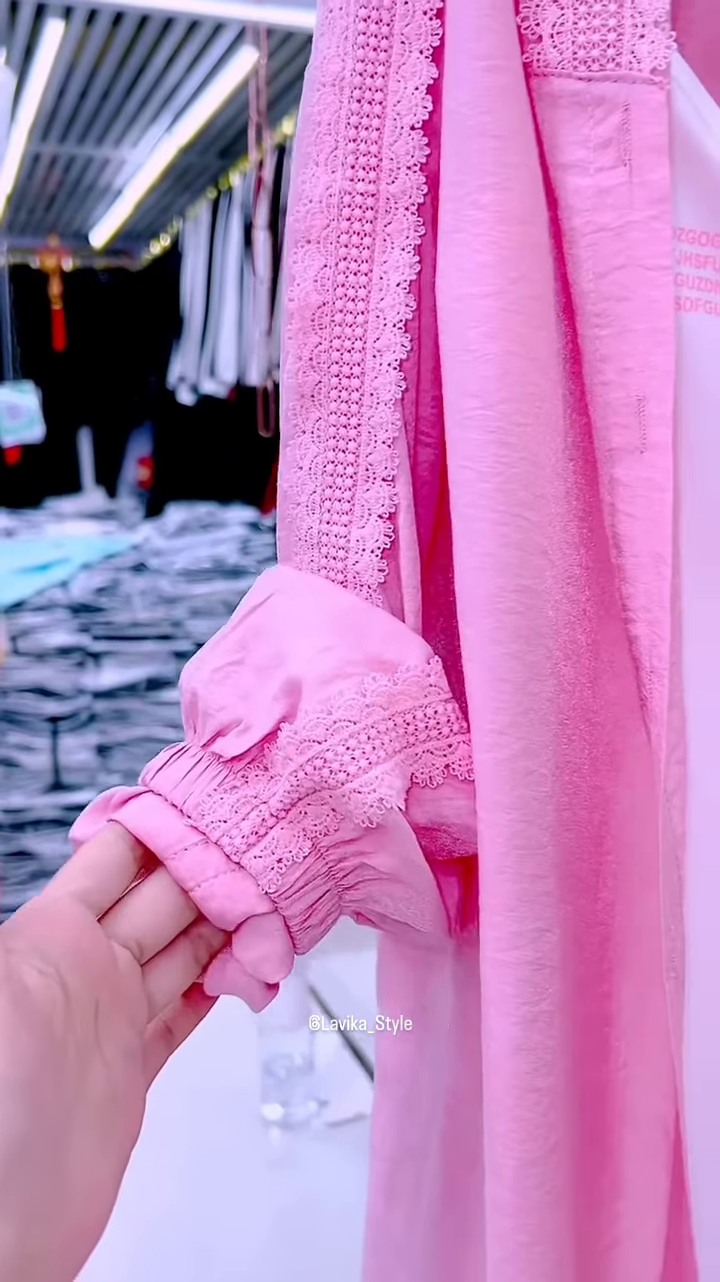 Pastel Pink Overshirt with Lace and Pearl Necklace - Image 2