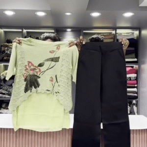 Artistic Knit Sweater and Black Wide-Leg Pant Set