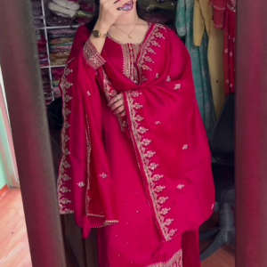 Elegant Crimson Silk Embroidered Salwar Kameez - 3-Piece Traditional Ethnic Set