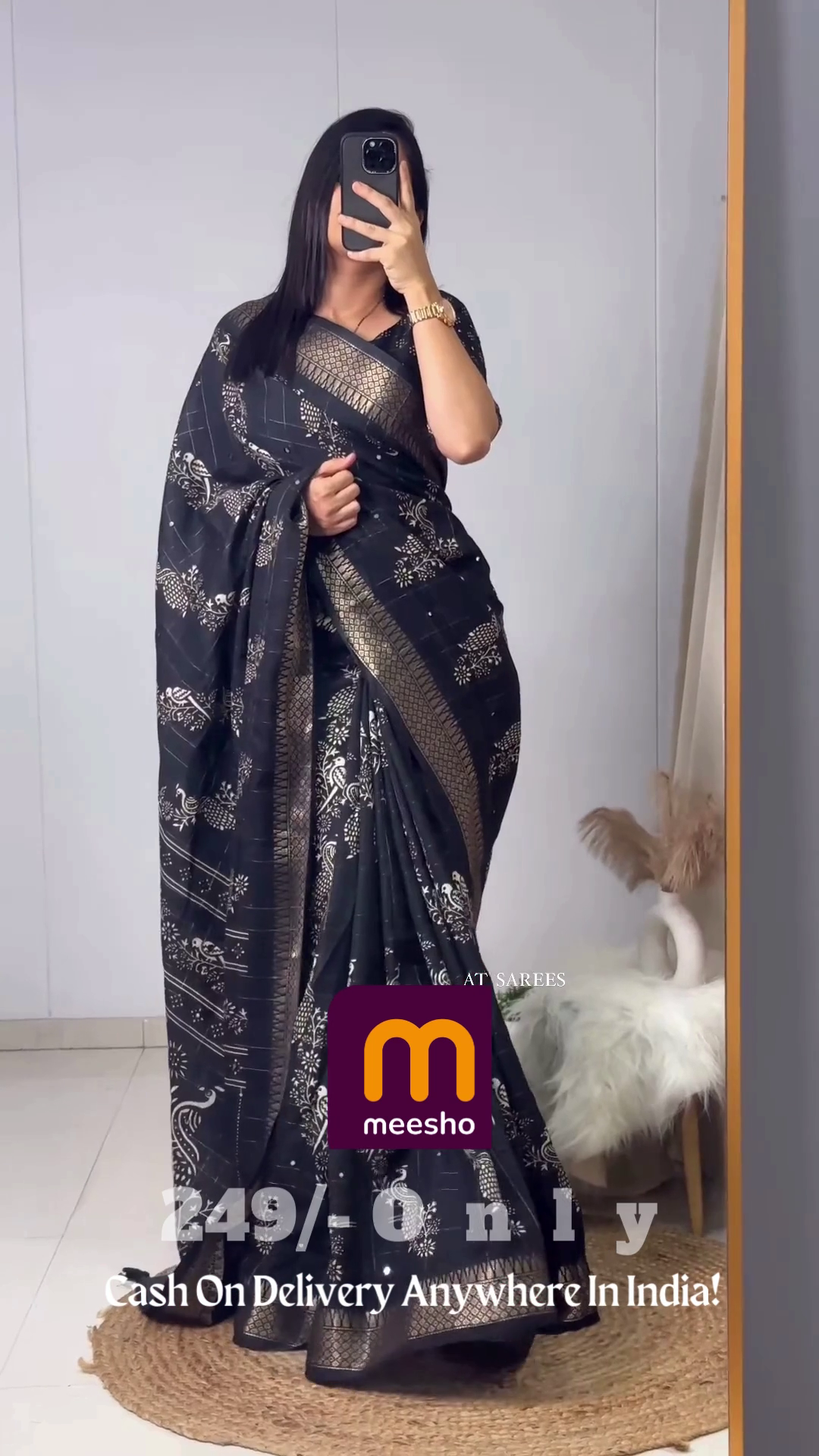 Elegant Mustard Gold Floral Chiffon Saree with Hand-Embellished Scalloped Borders