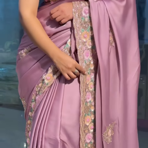 Elegant Lavender Silk Saree with Hand-Embroidered Floral Scalloped Border