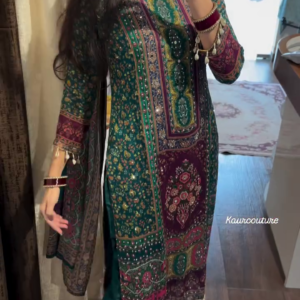 Dark Teal Green Ethnic Suit Set with Ornate Multi-Color Prints and Mirror Work Dupatta - Festive Wear