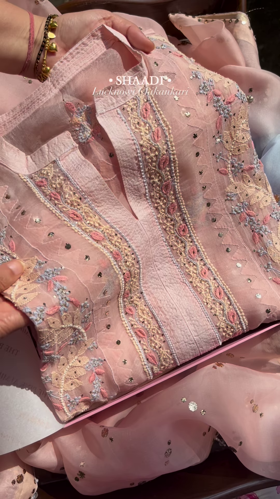 Peach Organza Lucknowi Chikankari Kurta with Hand-Embroidered Floral Motifs and Sequin Accents - Image 7