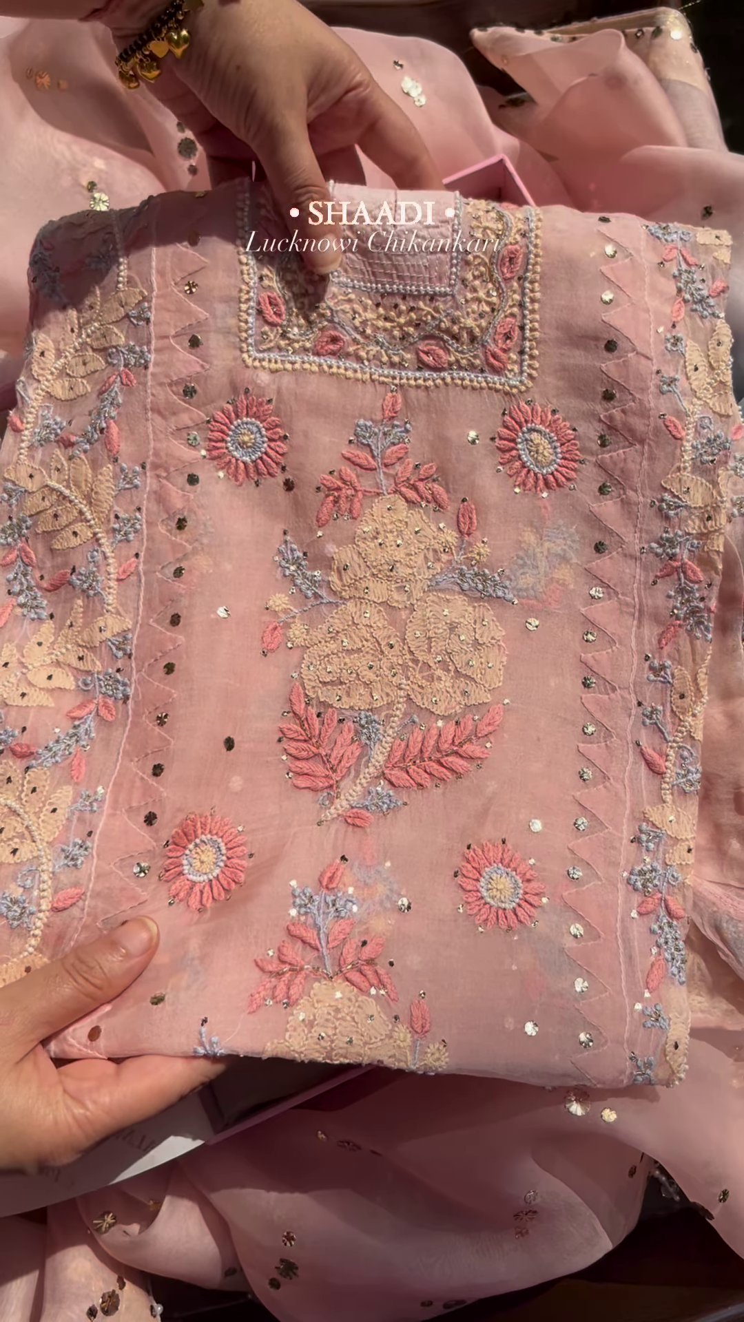 Peach Organza Lucknowi Chikankari Kurta with Hand-Embroidered Floral Motifs and Sequin Accents - Image 6