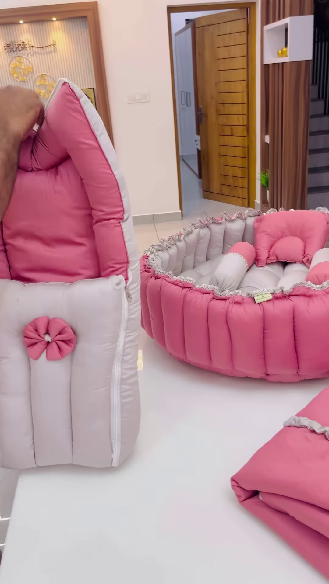 Premium Pink and Grey Quilted Baby Bedding Set with Matching Sleeping Bag and Pillow Accents