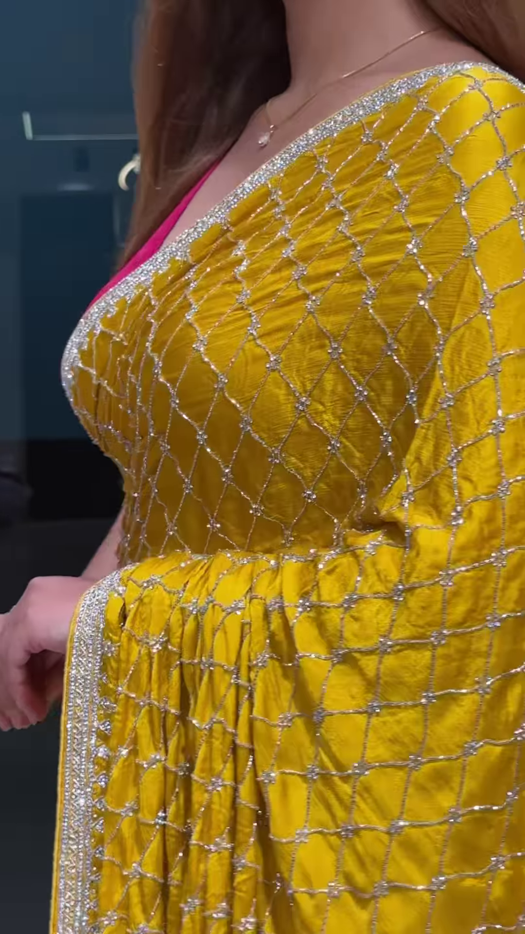 Radiant Yellow Georgette Saree with All-Over Sequin Lattice Pattern and Ornate Silver Zari Border - Image 3