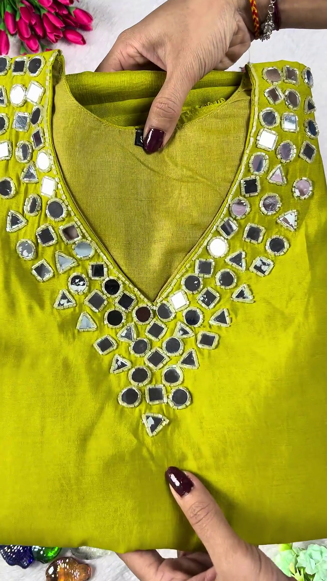 Lime Olive Mirror-Work Designer Kurta Set