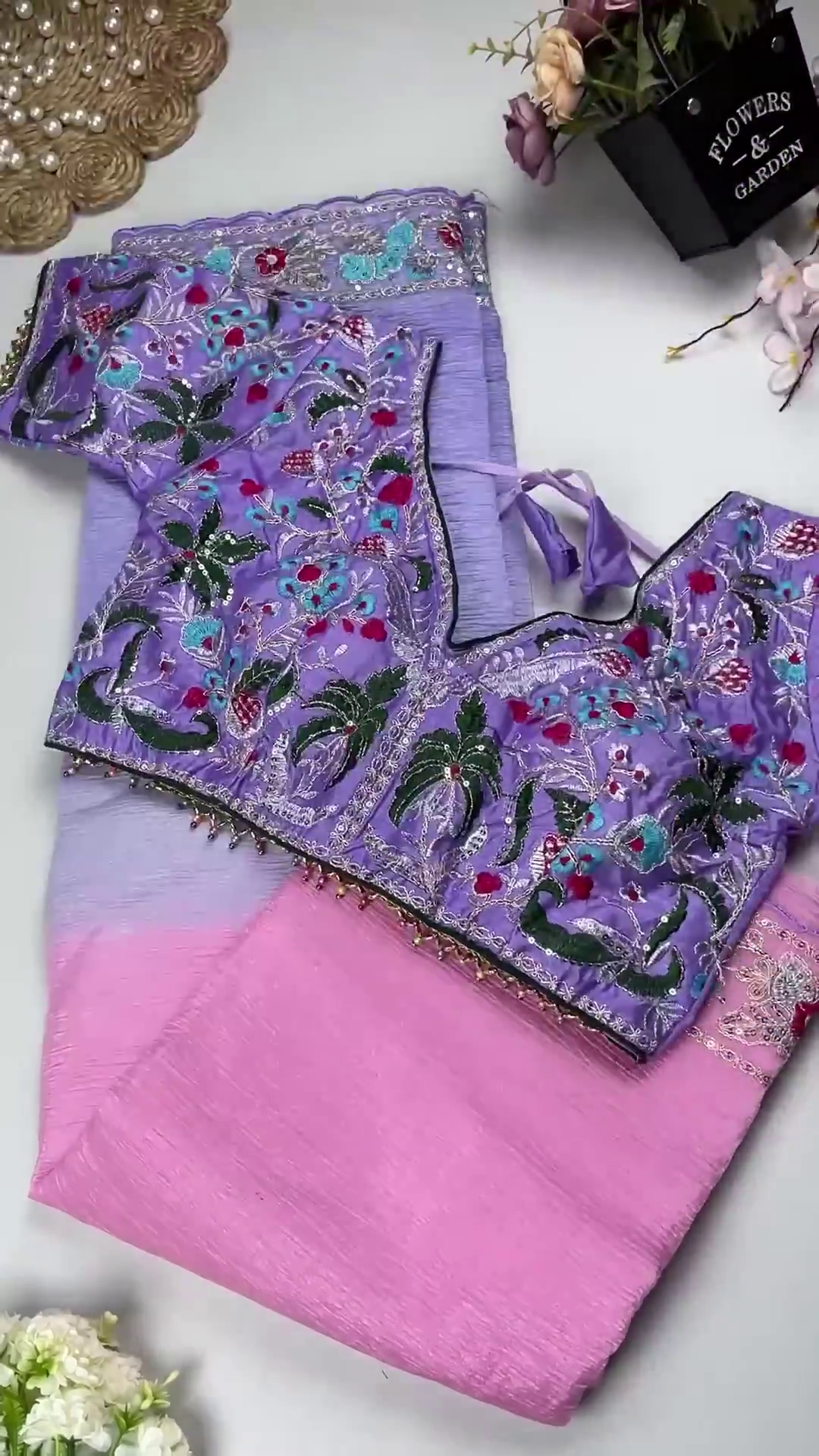 Azure Garden Embroidered Blouse with Ombre Lilac Saree Set - Image 2