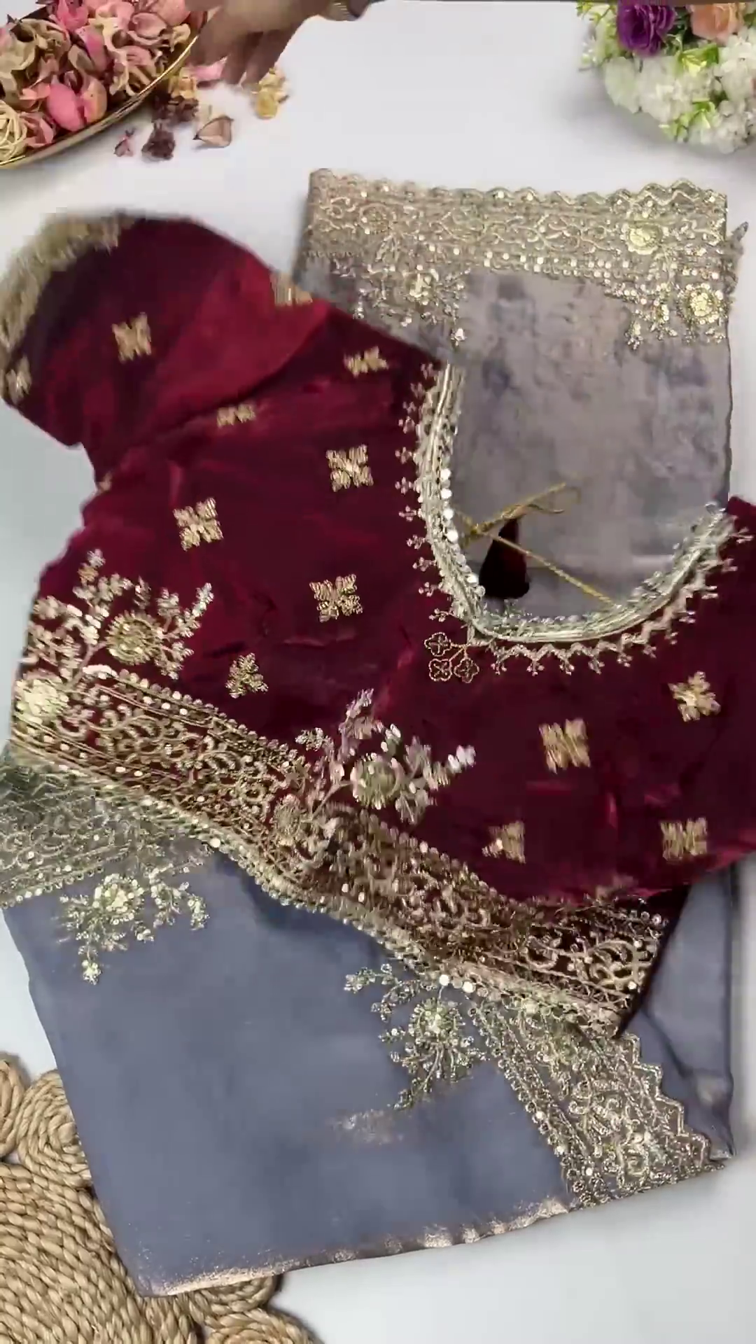 Royal Burgundy Velvet Blouse & Slate Grey Saree Set