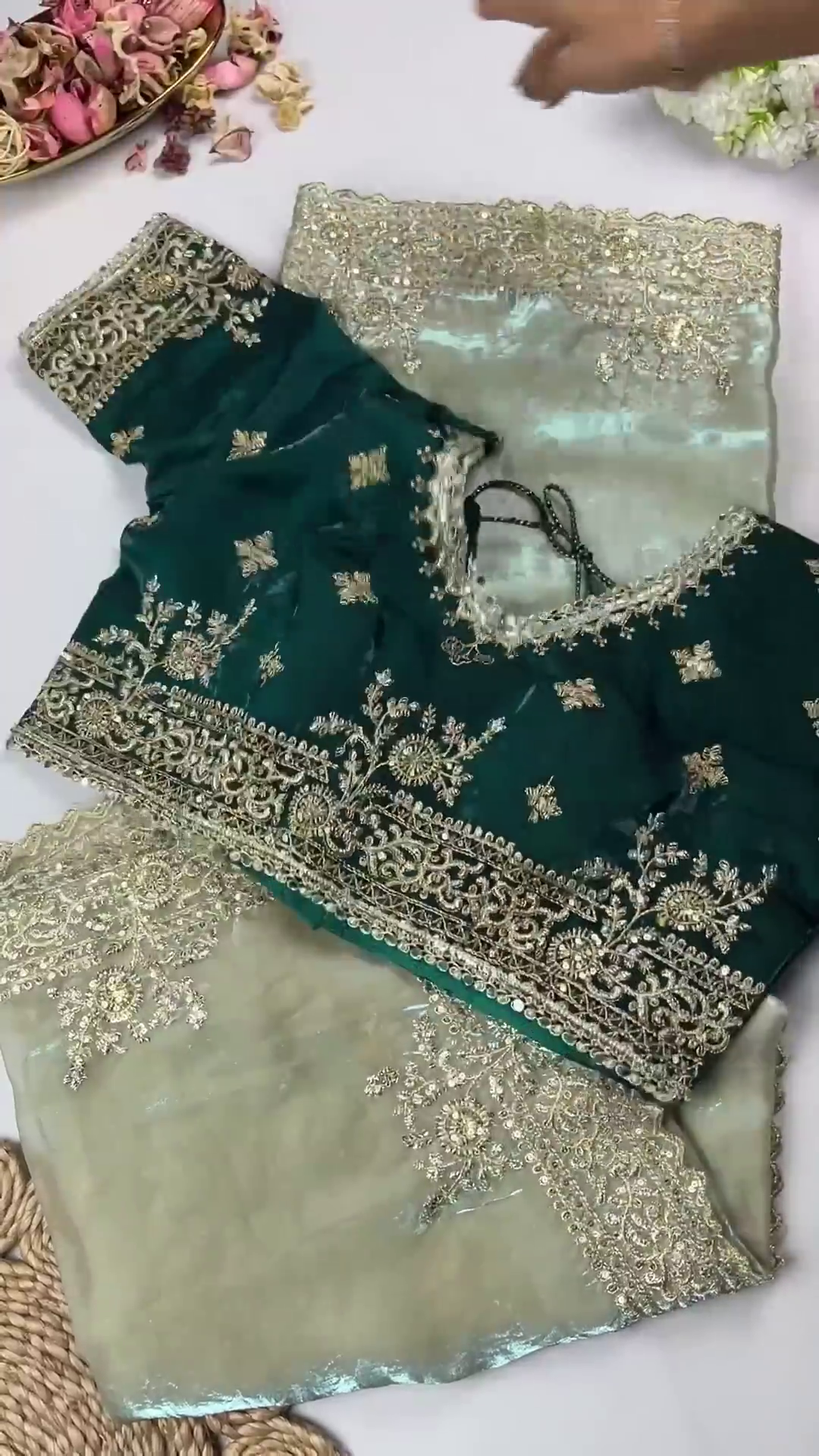 Royal Burgundy Velvet Blouse & Slate Grey Saree Set - Image 3