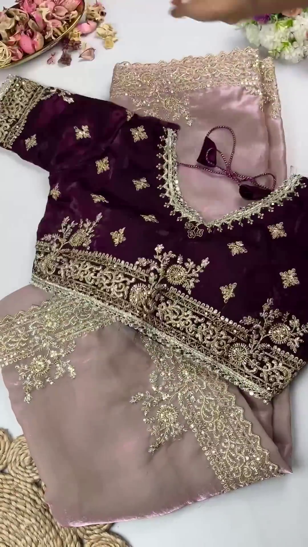 Royal Burgundy Velvet Blouse & Slate Grey Saree Set - Image 2