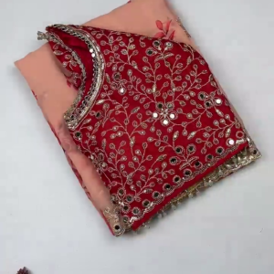 Peach Blossom Saree with Scalloped Mirror-Work Border