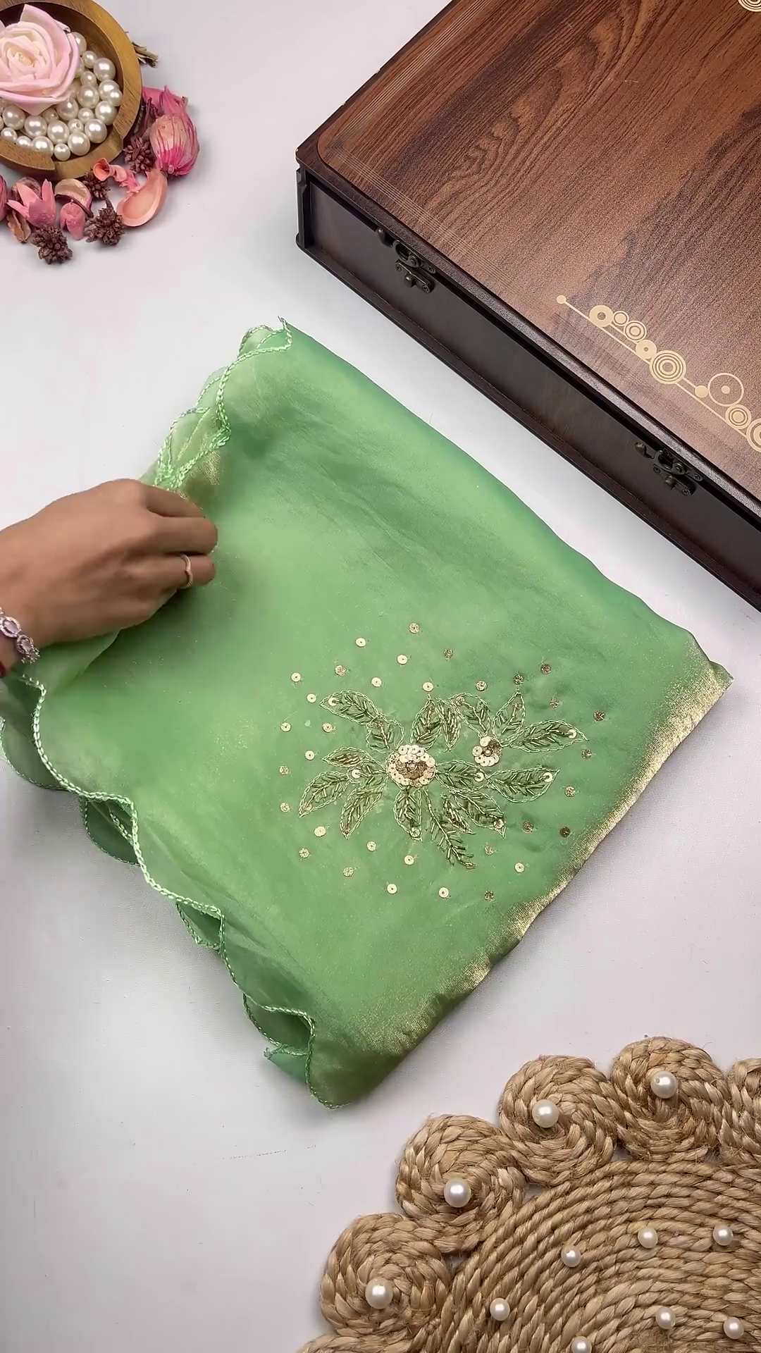 Mint Green Shimmer Silk Saree with Scalloped Zari and Sequin Accents