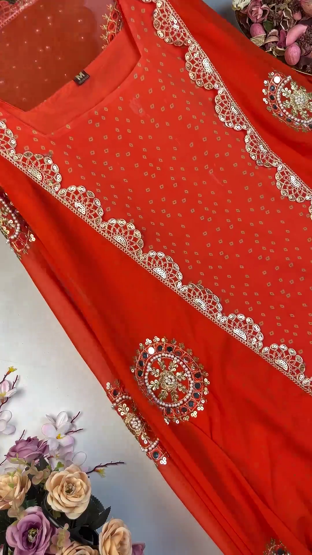 Vibrant Bandhani Georgette Suit with Circular Mirror-Work Medallions - Image 2