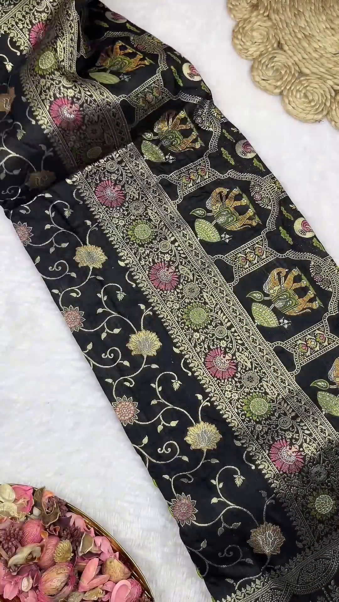 Midnight Black Patola-Print Silk Saree with Lime Green Scalloped Border - Image 4