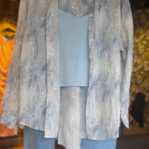 Womenβs Light Blue Ribbed Tank Top with Floral Sheer Shirt and Denim Bermuda Shorts β Layered Summer Streetwear Look