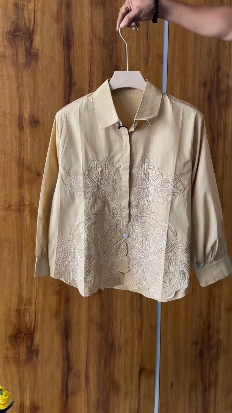 Floral Embroidered Cotton Shirt and Crystal Embellished Trouser Set – Available in White, Beige, Peach & Pink - Image 2