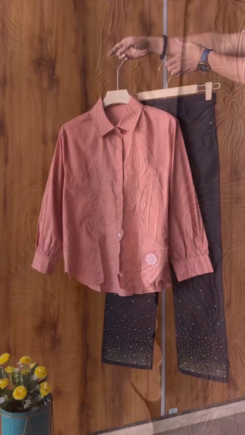 Floral Embroidered Cotton Shirt and Crystal Embellished Trouser Set – Available in White, Beige, Peach & Pink - Image 3