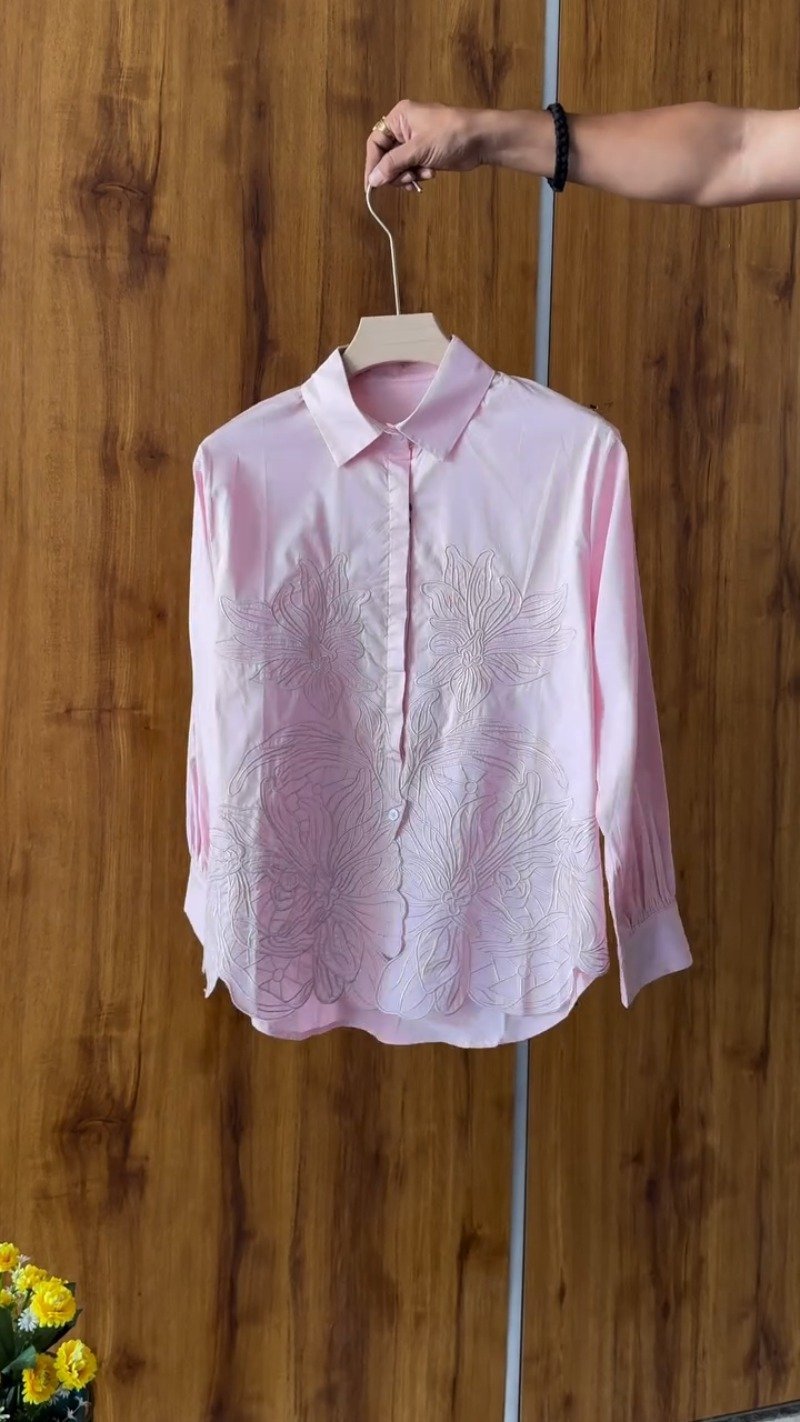 Floral Embroidered Cotton Shirt and Crystal Embellished Trouser Set – Available in White, Beige, Peach & Pink - Image 4
