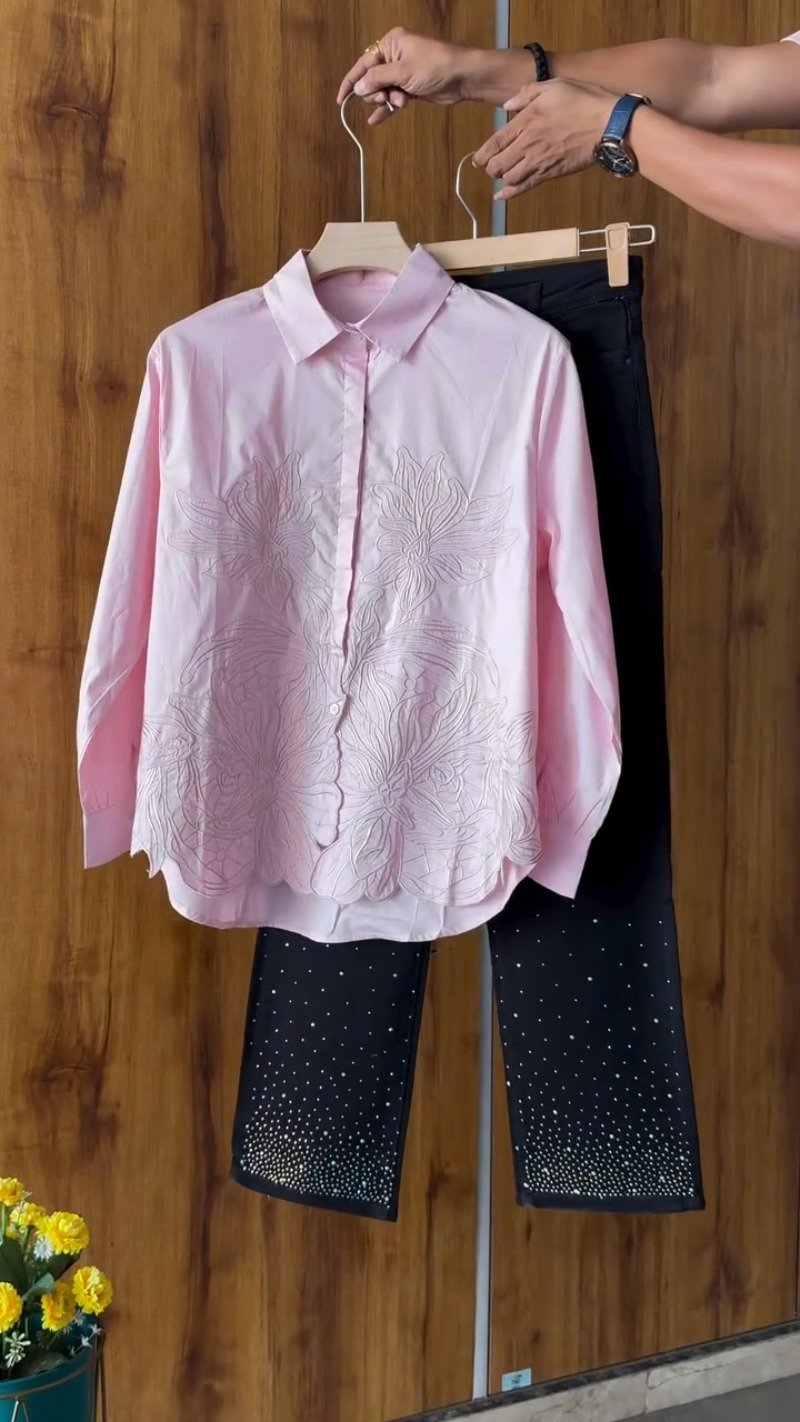 Floral Embroidered Cotton Shirt and Crystal Embellished Trouser Set – Available in White, Beige, Peach & Pink - Image 5